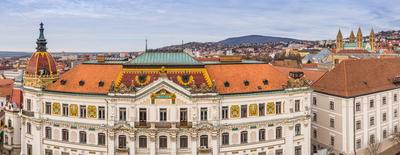Panoramic view of Megyehaza building in Pecs, Hungary-stock-photo