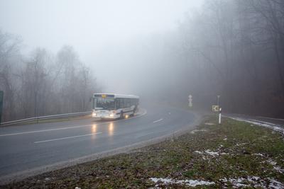Moving car on highway with fog-stock-foto