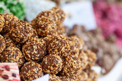 Variety of home made nougat on market-stock-photo