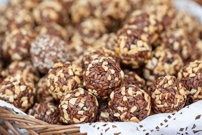 Variety of home made nougat on market-stock-photo