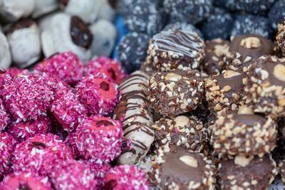 Variety of home made nougat on market-stock-photo