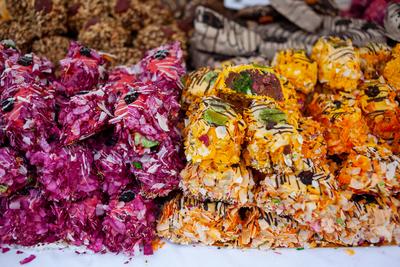 Variety of home made nougat on market-stock-photo