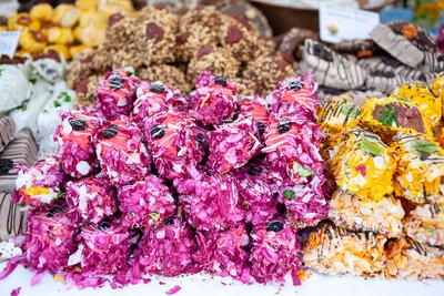 Variety of home made nougat on market-stock-photo