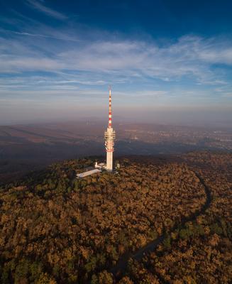 TV tower in Pecs Hungary with Mecsek hills-stock-photo