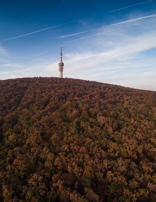 TV tower in Pecs Hungary with Mecsek hills-stock-foto