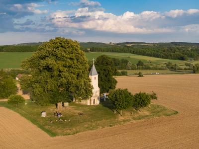 Aerial photo of Beautiful old small  christian chapel-stock-photo