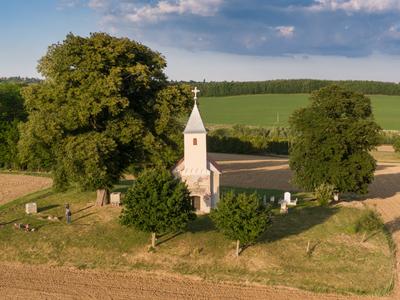 Aerial photo of Beautiful old small  christian chapel-stock-photo