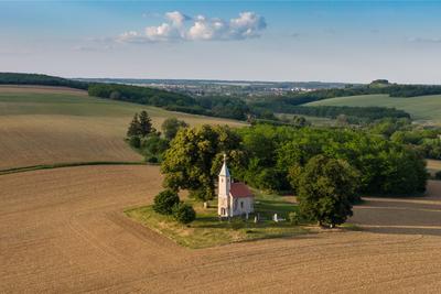Aerial photo of Beautiful old small  christian chapel-stock-photo