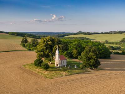 Aerial photo of Beautiful old small  christian chapel-stock-photo