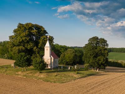 Aerial photo of Beautiful old small  christian chapel-stock-photo