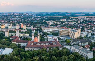 Bird eye view: Pecs, Pius church and university city-stock-foto