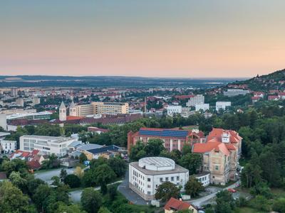 Bird eye view: Pecs, Pius church and university city-stock-foto