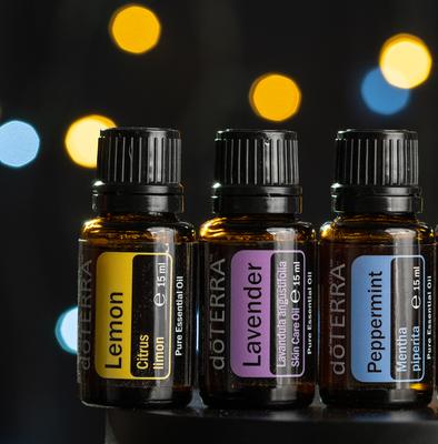 Pecs / Hungray - July 02 2020 - Illustrative editorial image of Doterra Essential Oils for everyday use on a dark shiny background-stock-photo