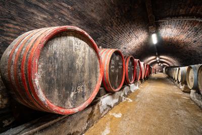 wooden barrels in old winery-stock-foto