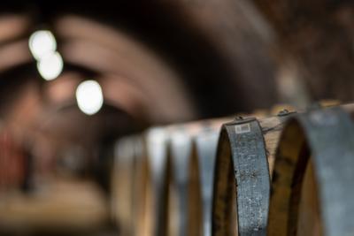 wooden barrels in old winery-stock-foto