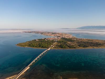 Aerial view of bridge to island Vir over the Adriatic sea in Croatia-stock-photo