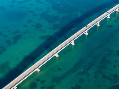 Aerial view of bridge to island Vir over the Adriatic sea in Croatia-stock-photo