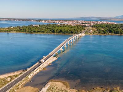 Aerial view of bridge to island Vir over the Adriatic sea in Croatia-stock-photo