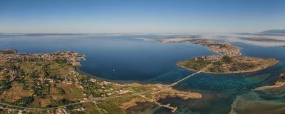 Aerial view of bridge to island Vir over the Adriatic sea in Croatia-stock-photo