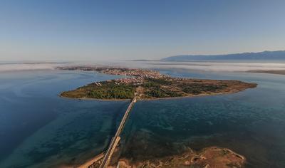 Aerial view of bridge to island Vir over the Adriatic sea in Croatia-stock-photo