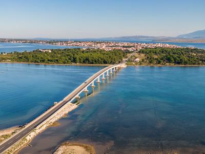 Aerial view of bridge to island Vir over the Adriatic sea in Croatia-stock-photo