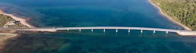 Aerial view of bridge to island Vir over the Adriatic sea in Croatia-stock-photo