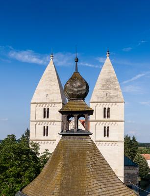 Drone photo of Jak's Romanesque abbey church, Hungary-stock-photo