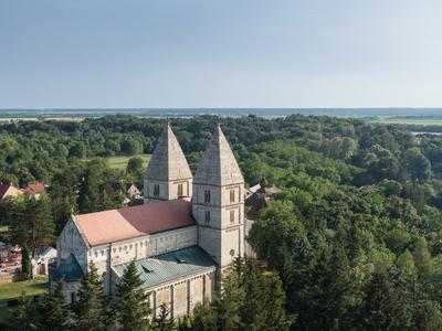 Drone photo of Jak's Romanesque abbey church, Hungary-stock-photo