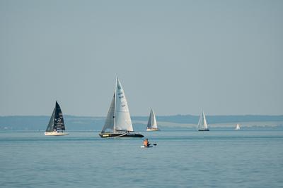 ZAMARDI - JULY 29 : Sailing boats compete on 52.nd Kékszalag championship at the Lake Balaton on 29 July 2020 in Zamardi, Hungary.-stock-photo