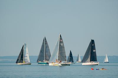 ZAMARDI - JULY 29 : Sailing boats compete on 52.nd Kékszalag championship at the Lake Balaton on 29 July 2020 in Zamardi, Hungary.-stock-photo