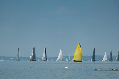 ZAMARDI - JULY 29 : Sailing boats compete on 52.nd Kékszalag championship at the Lake Balaton on 29 July 2020 in Zamardi, Hungary.-stock-photo