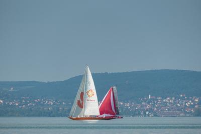 ZAMARDI - JULY 29 : Sailing boats compete on 52.nd Kékszalag championship at the Lake Balaton on 29 July 2020 in Zamardi, Hungary.-stock-photo