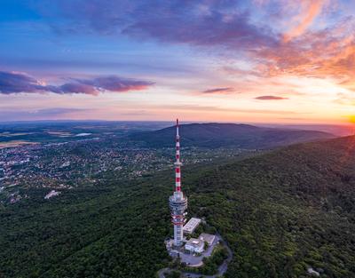 TV tower in Pecs Hungary with Mecsek hills-stock-photo