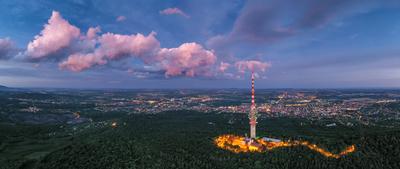 TV tower in Pecs Hungary with Mecsek hills-stock-photo