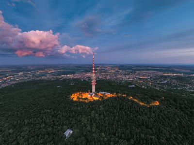 TV tower in Pecs Hungary with Mecsek hills-stock-photo