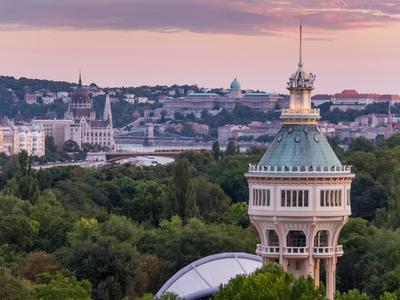 Water tower in Margaret Island in Budapest with panorama-stock-photo