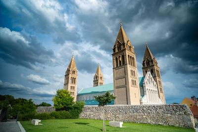 Pecs, Szekesegyhaz. with dramatic stormy sky-stock-photo