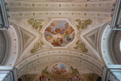 TIHANY - AUG 24 : Old fresco on Abbey of Tihany 24 Aug 2020 in Tihany, Hungary. It is a big catholic Church-stock-photo