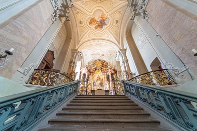 TIHANY - AUG 24 : Old fresco on Abbey of Tihany 24 Aug 2020 in Tihany, Hungary. It is a big catholic Church-stock-photo