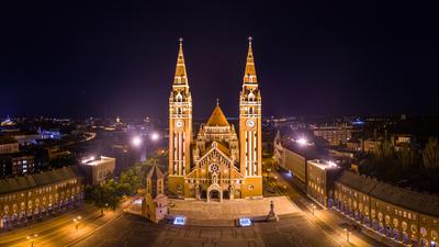 aerial photo of  beautiful Cathedral of Szeged at night-stock-photo