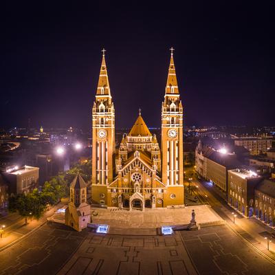 aerial photo of  beautiful Cathedral of Szeged at night-stock-photo