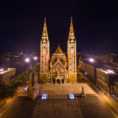 aerial photo of  beautiful Cathedral of Szeged at night-stock-photo