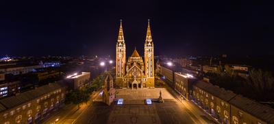 aerial photo of  beautiful Cathedral of Szeged at night-stock-photo