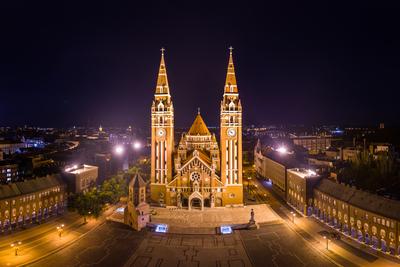 aerial photo of  beautiful Cathedral of Szeged at night-stock-photo