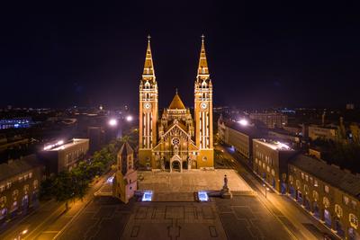 aerial photo of  beautiful Cathedral of Szeged at night-stock-photo