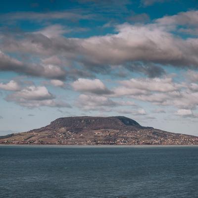 Lake Balaton with Badacsony hill and cloudy sky-stock-foto