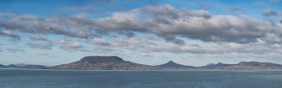 Lake Balaton with Badacsony hill and cloudy sky-stock-foto