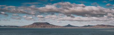 Lake Balaton with Badacsony hill and cloudy sky-stock-foto