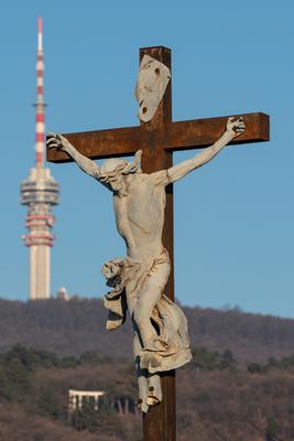 jesus christ ascension on cross with Tv tower-stock-photo