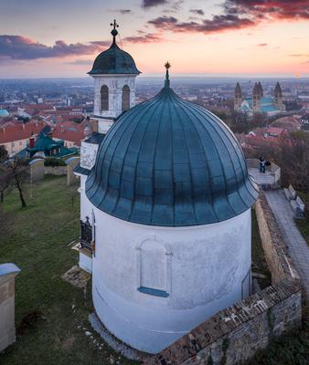 Drone photo of small chapel in Pecs, Hungary-stock-foto